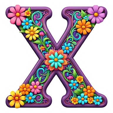 3D, gothic style psychedelic colored Letter X with hippie style flower border sticker
