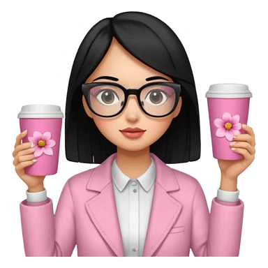 Chica de pelo negro ojos negros y piel morena con lentes oversize square con ropa bonita m pantallas pequenas de cristal , en la mano derecha una taza de cafe en color rosa con una flor negra de diseno. Sentada mirando la television. sticker