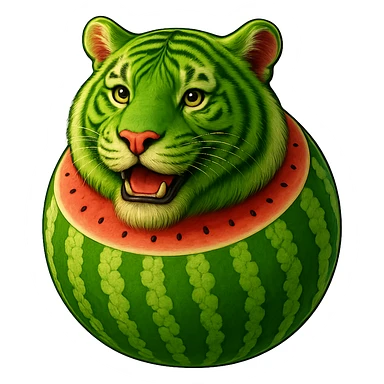 Edit the watermelon tiger character to have a happy, smiling expression. Keep the transparent background. sticker