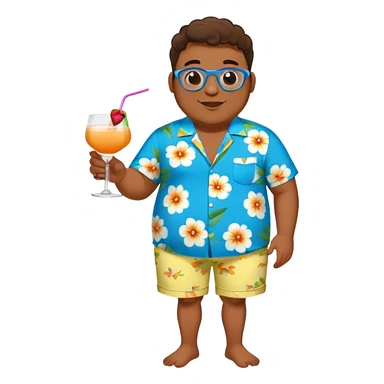 chubby guy full figure in a flowered azure havai shirt, brown shorts and flippers holding a cocktail sticker