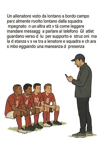 a coach is seen far away on the sidelines, partially turned away from the team or group, engaged in another activity (like reading, texting, or talking on the phone), while the athletes look toward them for support or instruction. The distance between coach and team is visually clear, symbolizing lack of presence. in italiano sticker