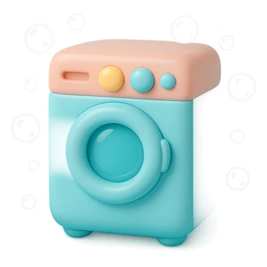 Add playful cartoon bubbles around the vinyl figure style washing machine, keep the original vinyl-figure look and colors. sticker