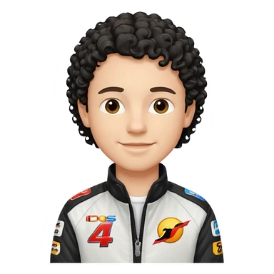 White Boy with curly black hair shoulder length wearing a race car jacket modern looking into the camera with a smile sticker