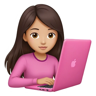 Long hair Brunette Asian girl working pink laptop sticker