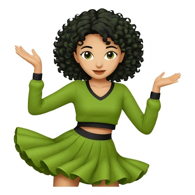 a woman with olive skin tone and curly black hair wearing green and dancing sticker