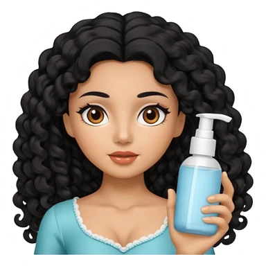 Uma boneca morena com olhos castanhos e cabelo cacheado longo preto, fazendo skin care sticker