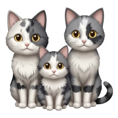 3 different coloured small cats including a dark grey and white, and a patchy calico and a solid grey with only white paws sticker