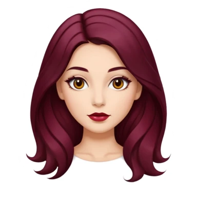young glamorous woman 
Long waist-long hair
hair parted in the centre of her face
slightly wavy
dark burgundy hair 
 sticker