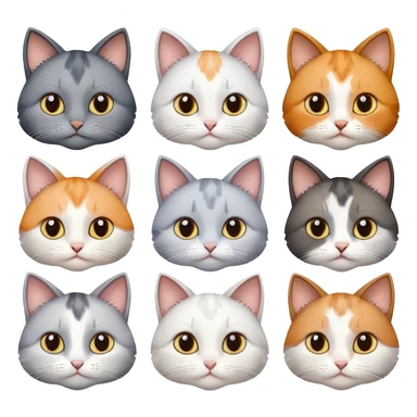 6 realistic looking cats with different natural coloured coats, assorted grey and white, greys, calico, brown and white colours etc
 sticker