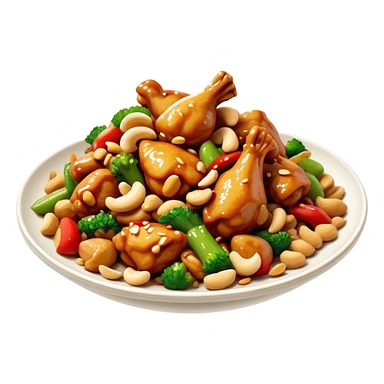 Cinematic Realistic Kung Pao Chicken Dish Emoji, showcasing spicy, stir‚Äêfried chicken with peanuts and vegetables rendered with dynamic textures and vibrant lighting. sticker