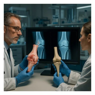 symbolic scene with doctors in a laboratory comparing a pig joint with a human one on a monitor, advanced research atmosphere, realistic details, 4K quality sticker
