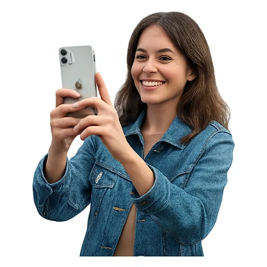 a woman using an iPhone to take a photo, outdoor setting, casual attire, happy expression sticker