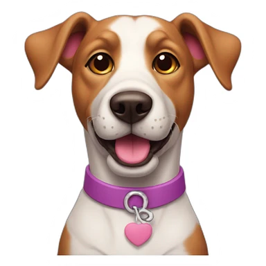 a purple dog with a brown nose and a pink collar with a bone happy  sticker