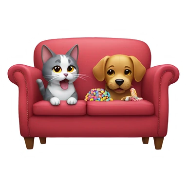Cat and dog eating candy on a couch sticker