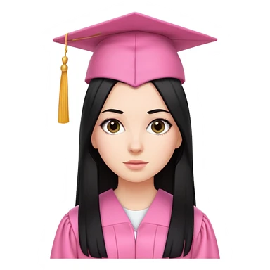 White girl with very long straight black tine wearing pink graduation clothes sticker