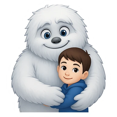 Make the Abominable Snowman much bigger while hugging the little person, keep the background transparent. The style is a transparent background illustration with the Abominable Snowman and a little person. sticker
