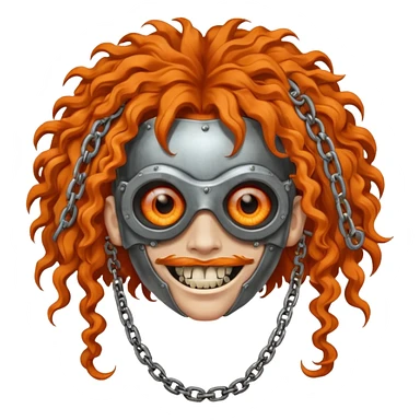 steam-punk Megadeth - iconic mascot with rusty metal eye covers and chains on his teeth, orange curly huge hair sticker
