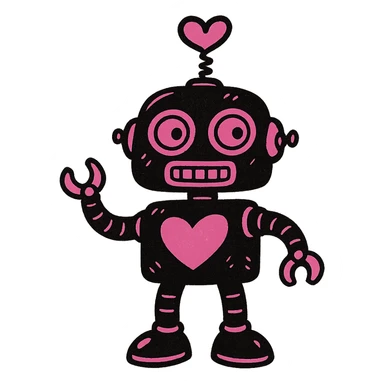 black and pink quirky robot with a heart-shaped antenna sticker