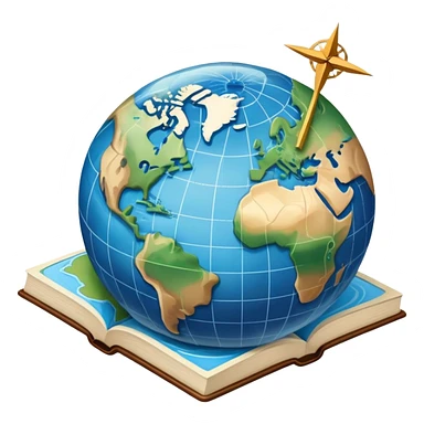 an icon featuring an earth with attitude and longitude lines, a textbook, and a topographic map, symbolizing geography as a science. The design includes a compass, mountain ranges, and rivers, representing the study of Earth's features and landscapes. Transparent background highlights geography. sticker