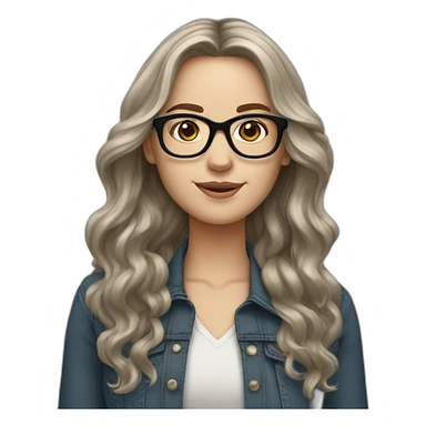 White girl with long wavy dark brown hair wearing square specs sticker