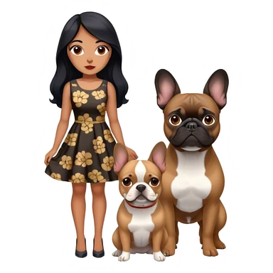 latin woman in a dress with long black hair standing alongside two French bulldogs  sticker