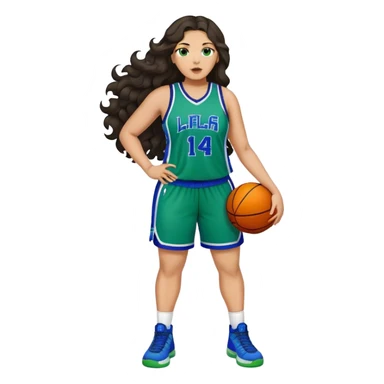 Full Body light skin Latino plus size women basketball player with long wavy dark hair  wearing blue and green uniform sticker