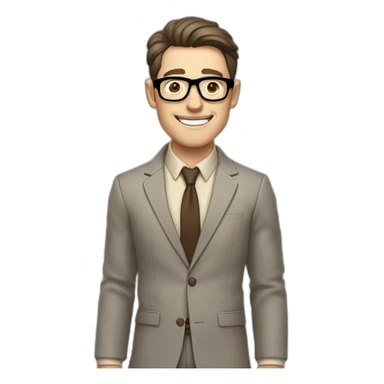Joyful Pale skinned Fit Man With dark brown hair in gray jacket, beige office shirt, Brown pants and vintage glasses. His thrumbs up sticker