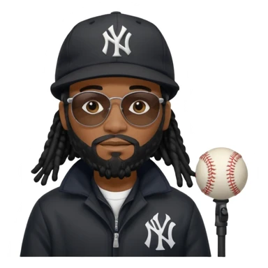 African American Man with shoulder length black dreadlocks with black beard wearing black sunglasses wearing a black bubble winter coat and a New York Yankees logo baseball cap in recording studio sticker