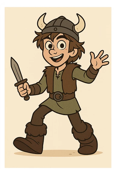 The main character from How to Train Your Dragon, a young Viking boy with brown hair, wearing Viking attire, friendly and brave, in a dynamic pose, animated style sticker