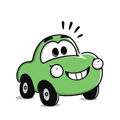 A hand-drawn green toy car with a silly grinning face and googly eyes sticker