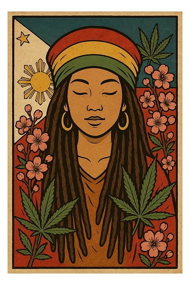 Vintage poster of an Asian Rasta woman with long dreadlocks, peaceful eyes, and a red-gold-green tam. Surrounded by cherry blossoms and ganja leaves. Background Asian flag. Retro reggae fusion vibe, with bold lines and aged paper texture. Philippines with the actual flag
 sticker
