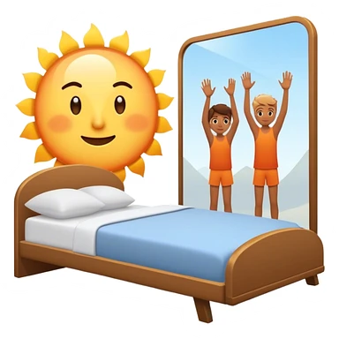 A person stands beside their bed, rolling out groggily with determination. The bed behind them is neatly made, a mirror in front of them shows them high-fiving their reflection. A glowing sunrise outside signals the start of a productive day. sticker