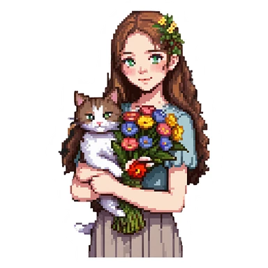 A cool girl with long brown hair and fair skin tilts her head and holds a bouquet of flowers and a cat sticker