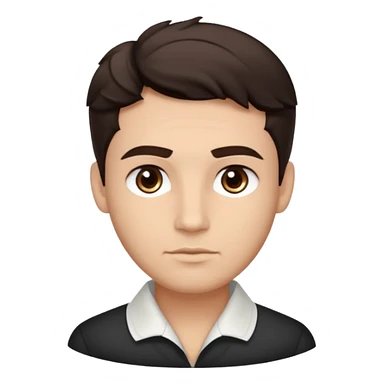 He’s a man with light to medium skin, a defined oval face, full brows, deep-set eyes, and wavy short dark brown hair styled with height, sides are trimmed. expression calm and focused relaxed black open-collar .polished, articulate, and trainer vibe. sticker