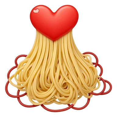 loose tangle of pale yellow cooked spaghetti with soft glossy texture and natural curves, strands slightly twisted and overlapping, freshly prepared dish, no bowl or chopsticks. Add tiny read hearts on the spaghetti sticker