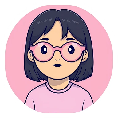 Asian ,girl, black straight hair long,pink round glasses sticker