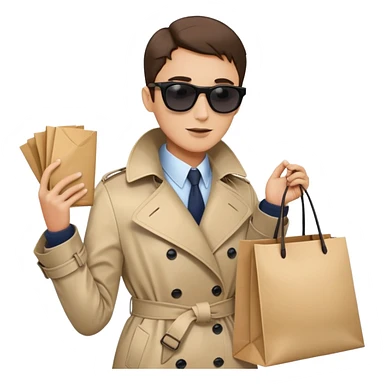 mystery shopper in trench coat, sunglasses, holding a shopping bag sticker