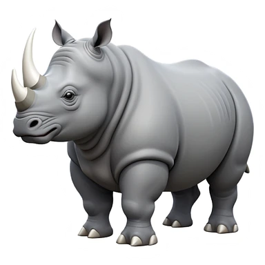 cinematic-rhino-full-body-standing-emoji,white horn, slate grey skin -massive-body-poised-powerfully,-thick-horn-curving-slightly-forward,-head-tilted-dramatically,-rough-grey-hide-covered-in-dust,-simplified-focused-features, sticker