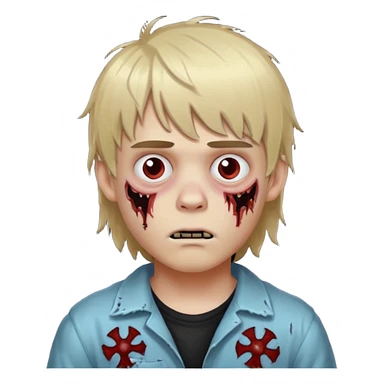white boy with medium blonde hair with bangs fluffy zombified with stitches sticker