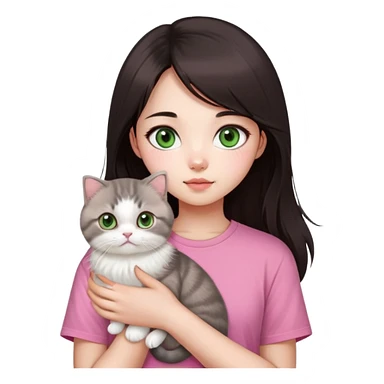 This Chinese girl's got fair skin and big black eyes. She's got long dark brown hair and she's wearing a pink t-shirt. She's holding a Scottish Fold cat. The cat's got light green eyeballs and white fur. sticker