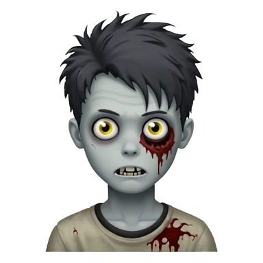Zombie Boy with black large messy hair and teenager aparience, black background sticker