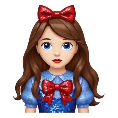 Dorothy Gale from the Wizard of Oz with long brown hair, periwinkle sequin outfit, red sequin bow sticker