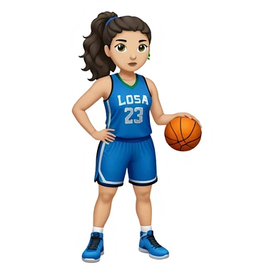 full body plus size light skin latino women basketball player with wavy dark hair in pony tail wide nose wearing blue uniform with green accent sticker
