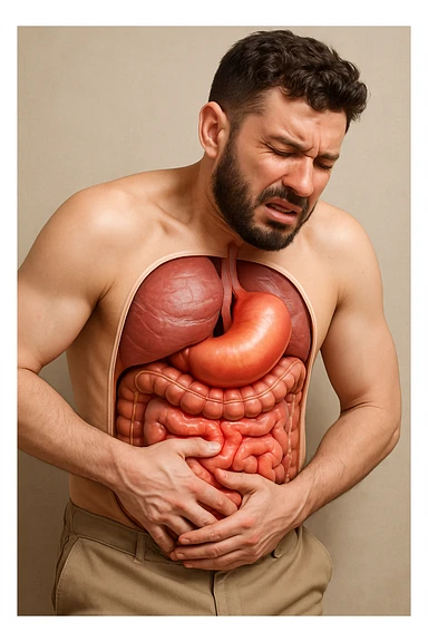 Uomo con dolore per via del suo gonfiore addominale vista anatomica immagine realistica in 3D sticker