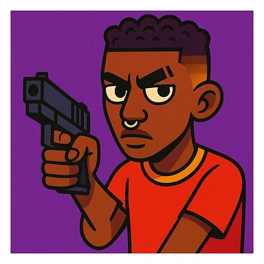 brown-skinned boy with low taper fade, coily hair, septum piercing, two eyebrow slits on left eyebrow, long nose bridge, button nose, holding a gun, serious face, vibrant cartoon style sticker