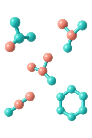 emoji 3d stile iphone di cinque molecole chimiche turchesi e rosa salmone che fluttuano in aria 3d sticker