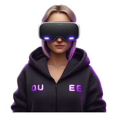 Russian girl wearing black hoody with violet letters "OMG", in vr headset oculus quest2. Standing like jedi. Cyberpunk style. Violet neon. sticker