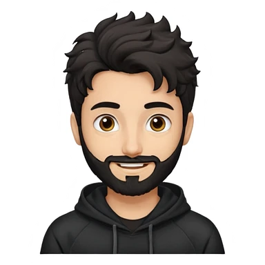 young fair skin pakistani guy smiling with black beard, wavy hair pushed back and brown eyes and big eyebrows, thin eyes , wearing black hoodie sticker