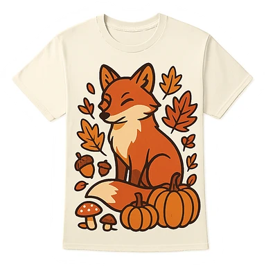 t-shirt design, vector illustration of a fox surrounded by autumn elements (fallen leaves, acorns, mushrooms, pumpkins), warm autumn color palette (orange, red, yellow, brown), clean bold lines, detailed but stylized, centered composition, no background, isolated graphic, modern flat style sticker