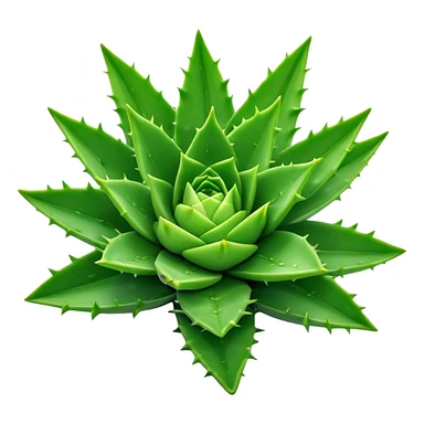 Cinematic Realistic Aloe Vera Emoji, Plump and succulent, with thick, fleshy leaves arranged in a star-like rosette. The vibrant green leaves have a slightly spiky texture, exuding a sense of resilience and healing. Soft glowing outline, capturing the essence of natural wellness and desert vitality in a flourishing aloe vera plant! sticker